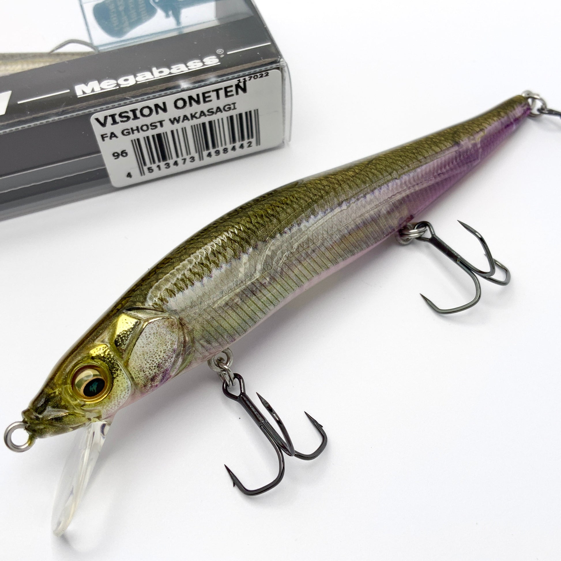 Megabass Ito Vision Oneten Jerkbait in the color FA Ghost Wakasagi on a white background