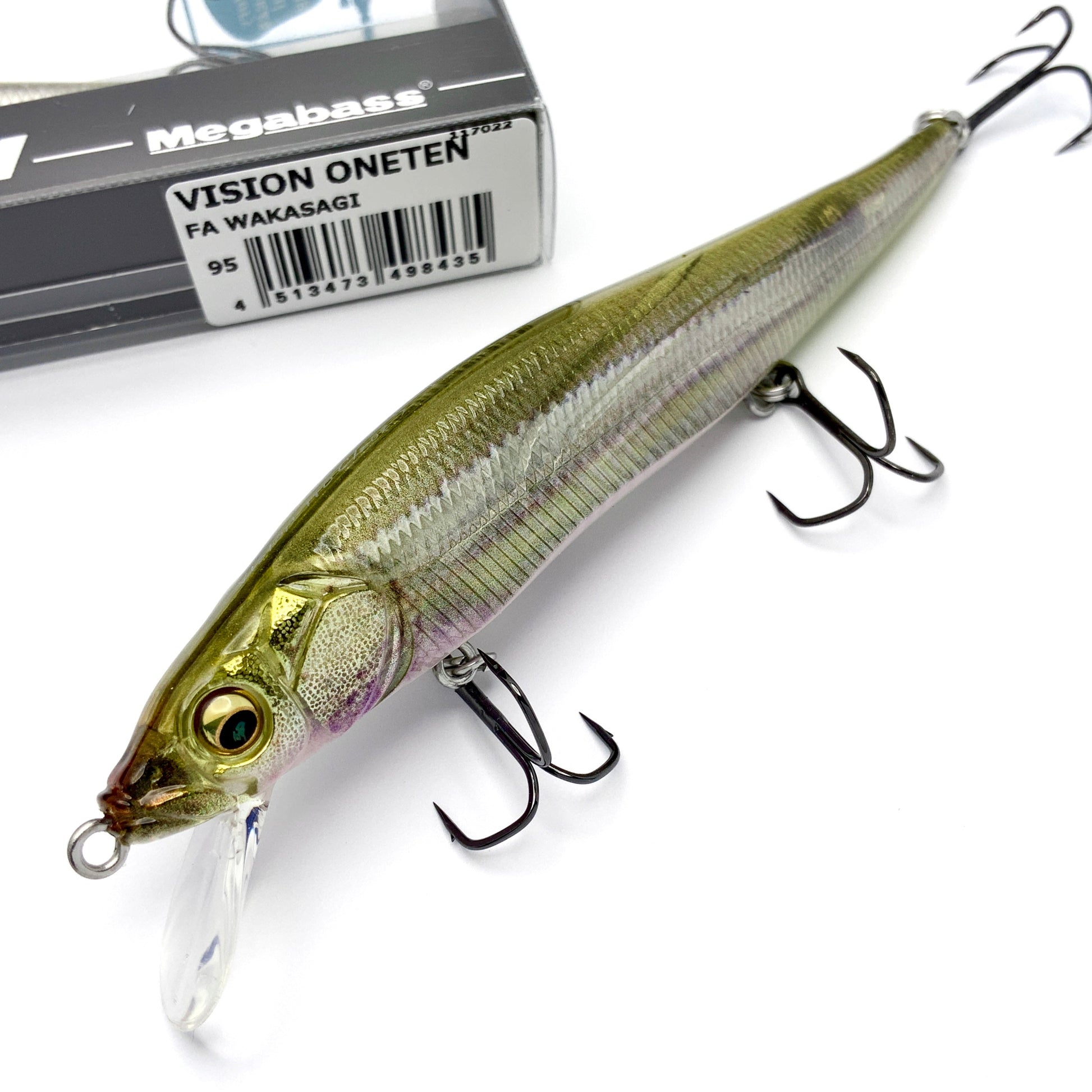 Megabass Ito Vision Oneten Jerkbait in the color FA Wakasagi on a white background