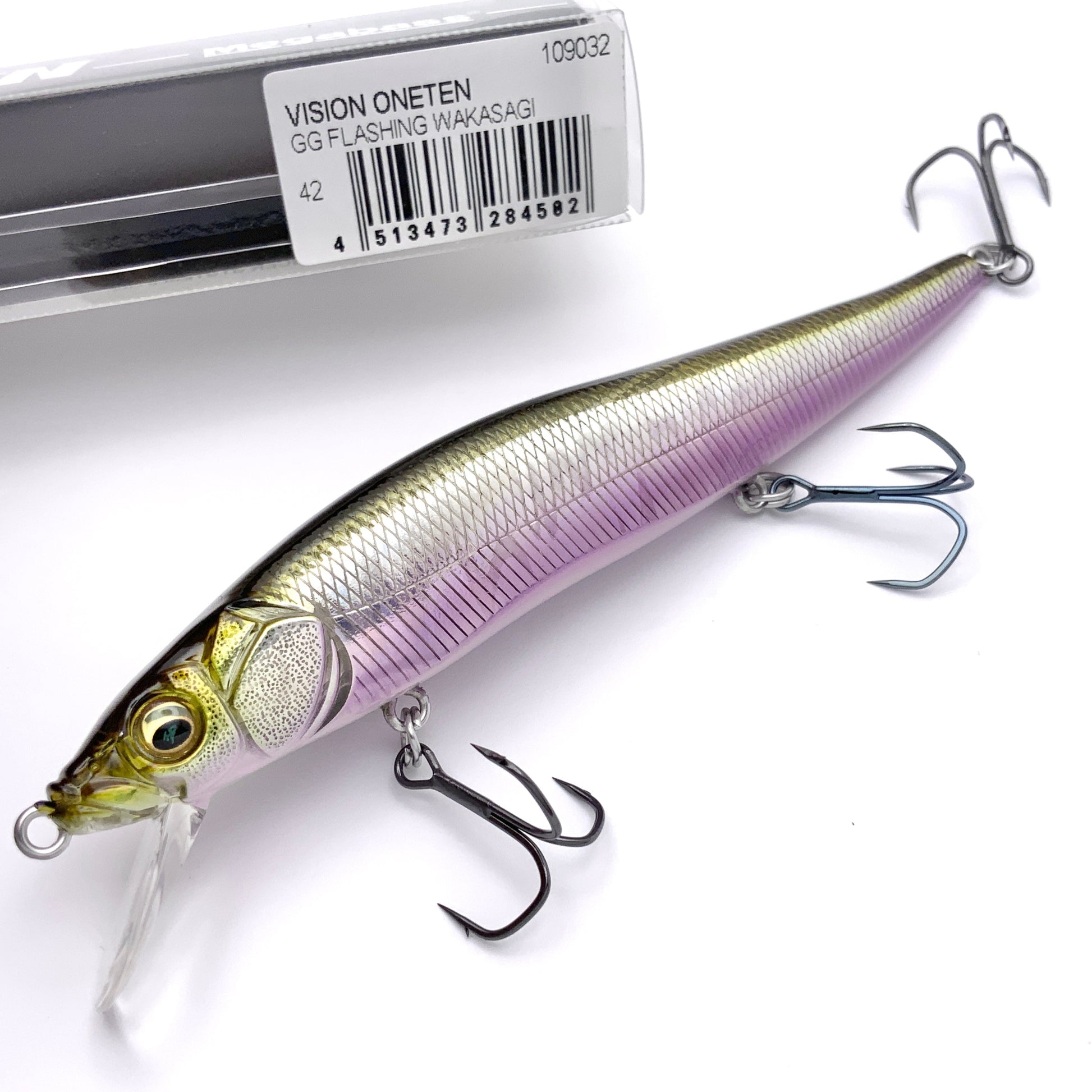 Megabass Ito Vision Oneten Jerkbait in the color GG Flashing Wakasagi on a white background