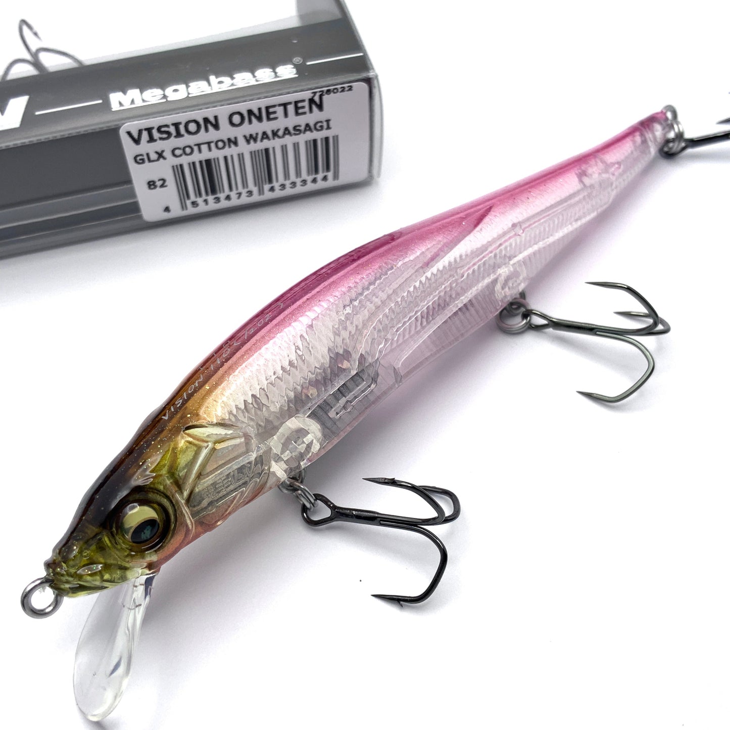 Megabass Ito Vision Oneten Jerkbait in the color GLX Cotton Wakasagi on a white background