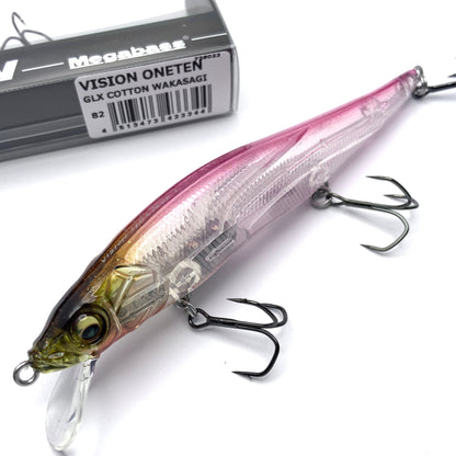Megabass Ito Vision Oneten Jerkbait in the color GLX Cotton Wakasagi on a white background