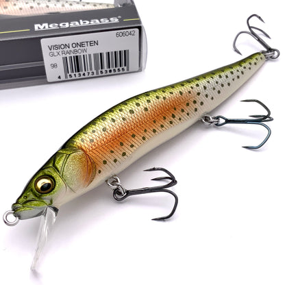 Megabass Ito Vision Oneten Jerkbait in the color GLX Rainbow on a white background