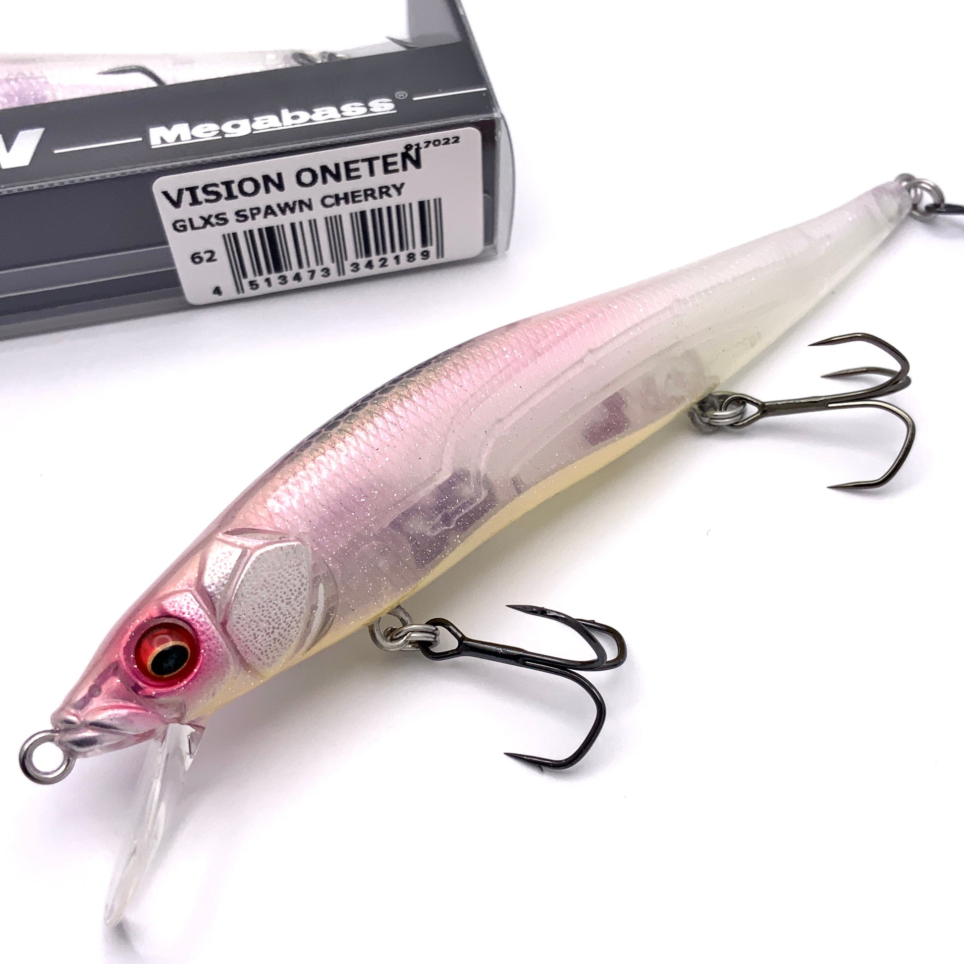 Megabass Ito Vision Oneten Jerkbait in the color GLXS Spawn Cherry on a white background