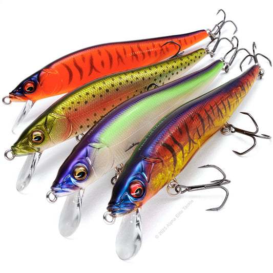 Group of four Megabass Ito Vision Oneten Jerkbaits out of the package on a white background