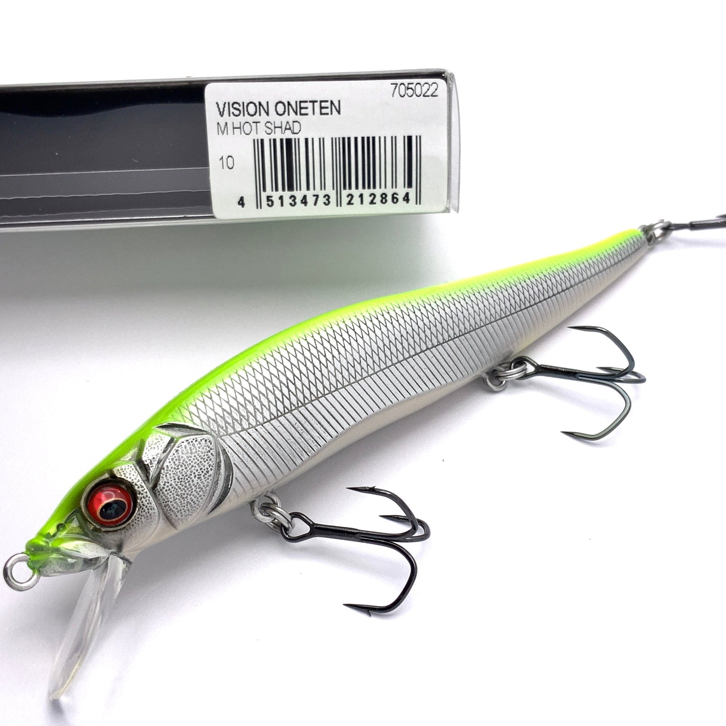 Megabass Ito Vision Oneten Jerkbait in the color M Hot Shad on a white background