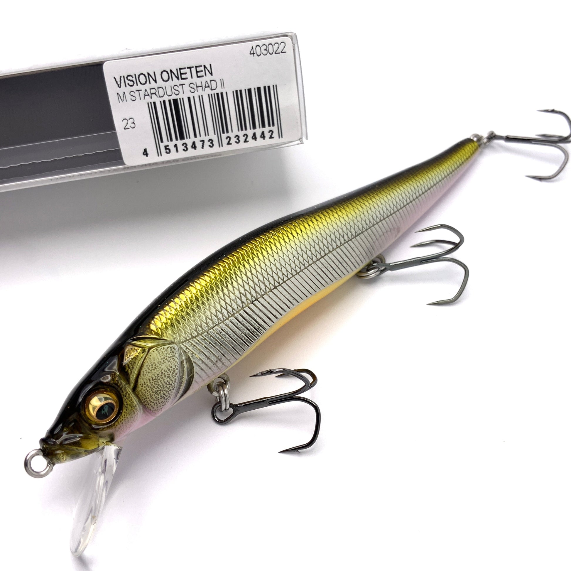 Megabass Ito Vision Oneten Jerkbait in the color M Stardust Shad II on a white background