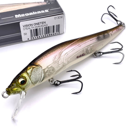 Megabass Ito Vision Oneten Jerkbait in the color Stealth Wakasagi on a white background