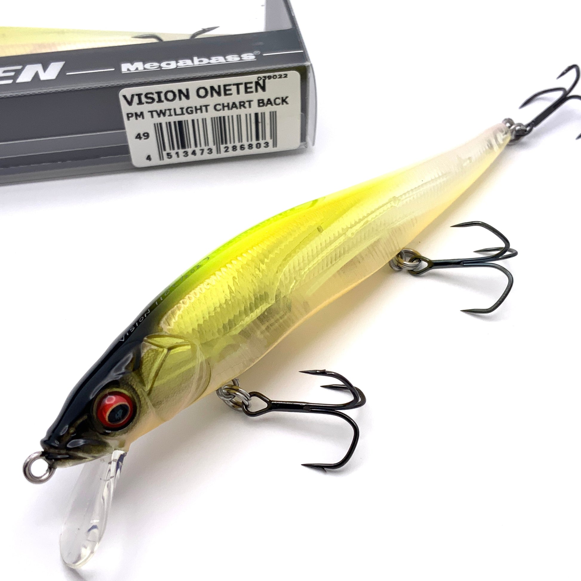 Megabass Ito Vision Oneten Jerkbait in the color PM Twilight Chart Back on a white background