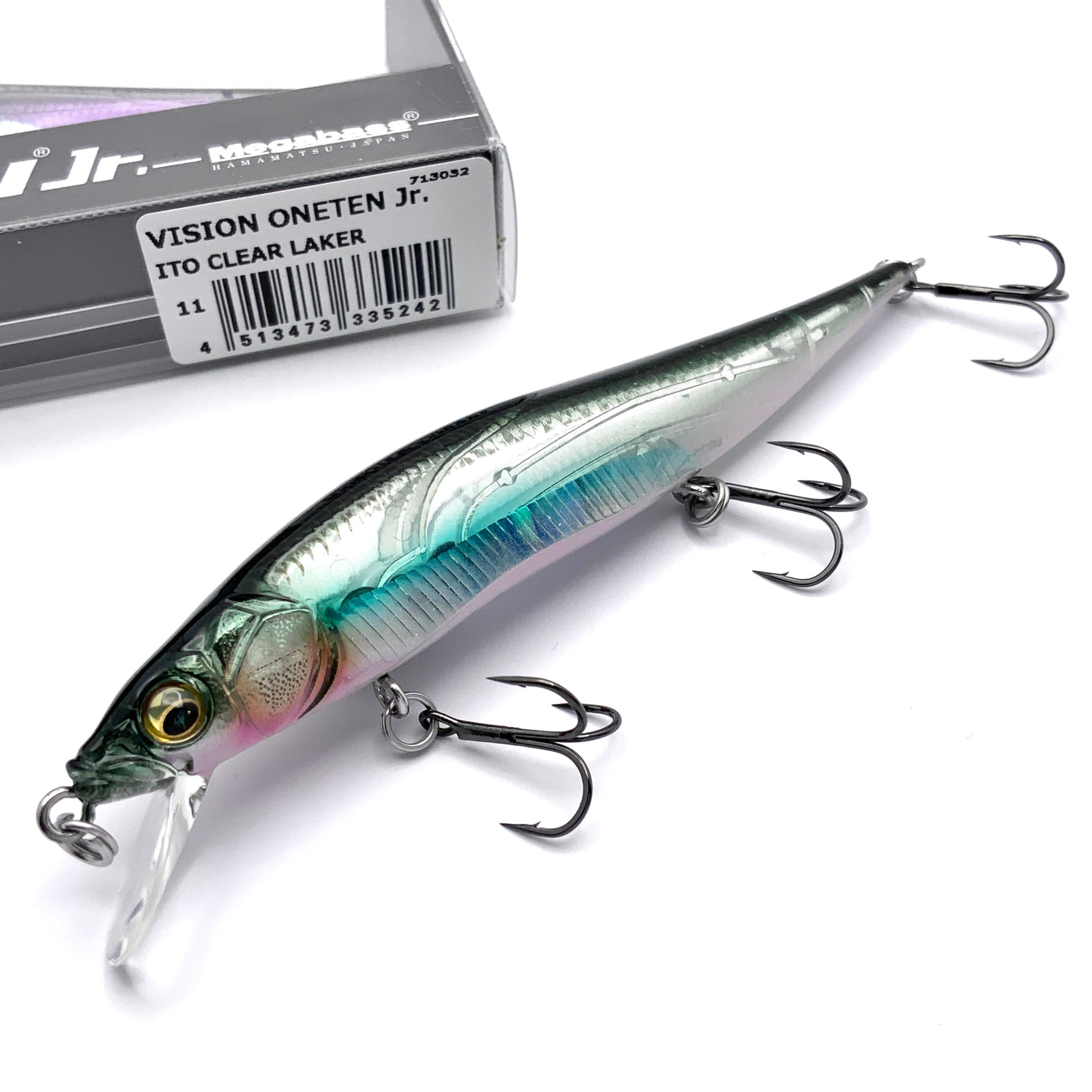 Megabass Ito Vision Oneten junior Jerkbait in the color Ito Clear Laker on a white background