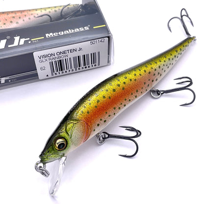 Megabass Ito Vision Oneten junior Jerkbait in the color glx rainbow on a white background
