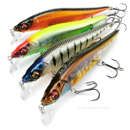 Close up of four Megabass Ito Vision Oneten Junior Jerkbaits on a white background