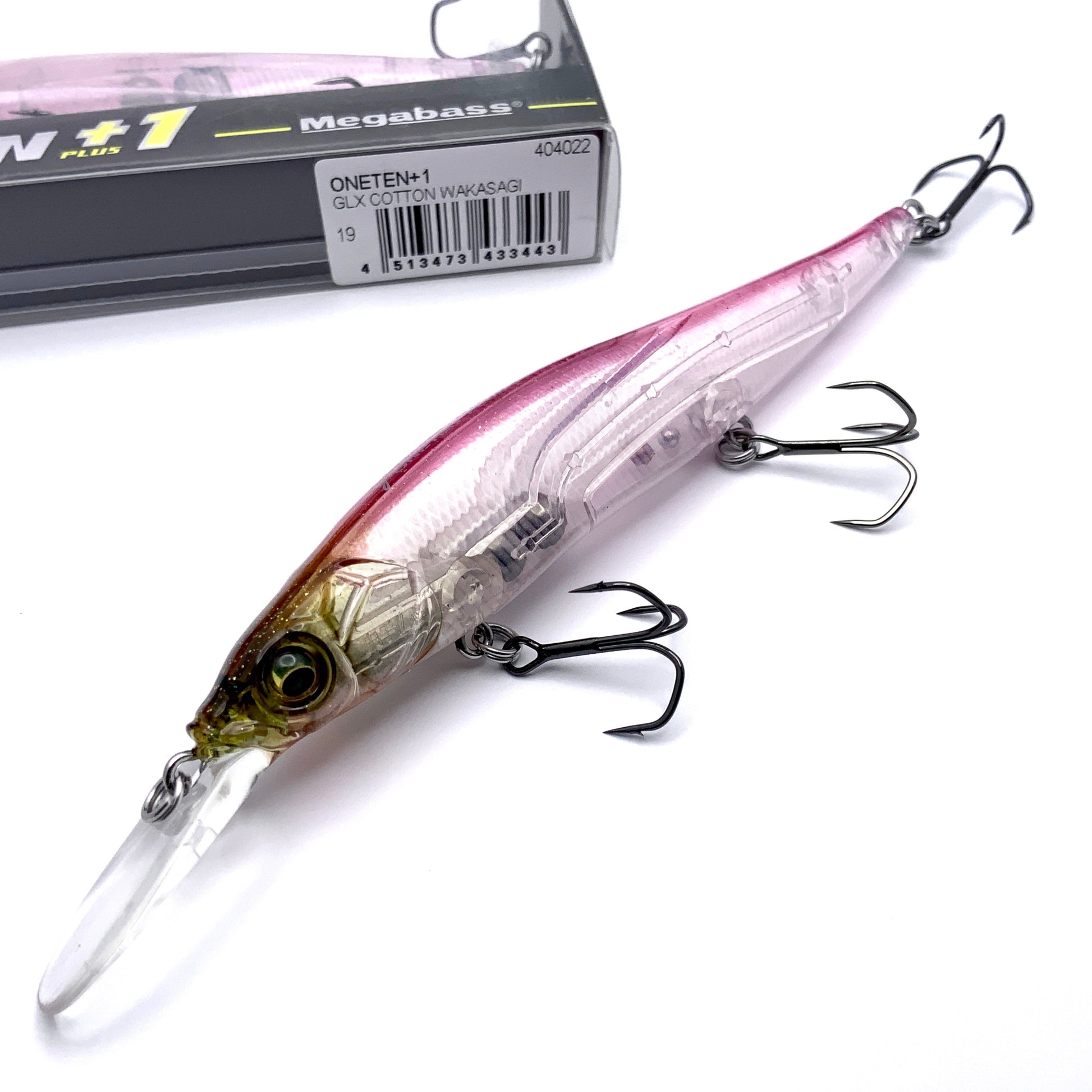 Megabass Ito Vision Oneten plus one Jerkbait in the color GLX Cotton Candy on a white background