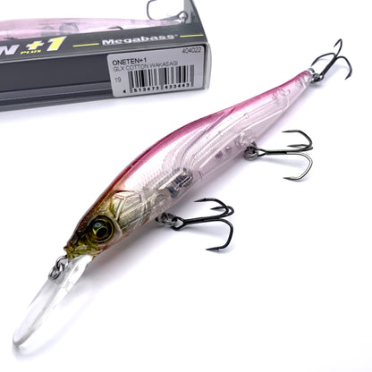 Megabass Ito Vision Oneten plus one Jerkbait in the color GLX Cotton Candy on a white background