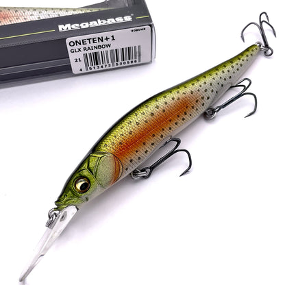 Megabass Ito Vision Oneten plus one Jerkbait in the color GLX Rainbow on a white background