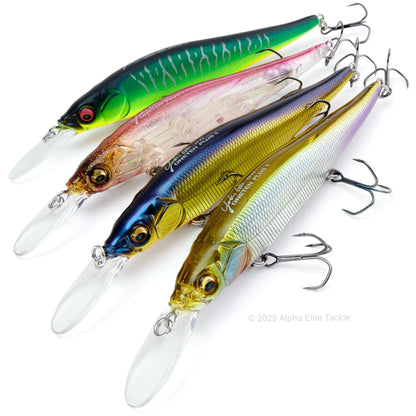 Group of four megasbass ito vision plus one jerkbaits out of their package on a white background