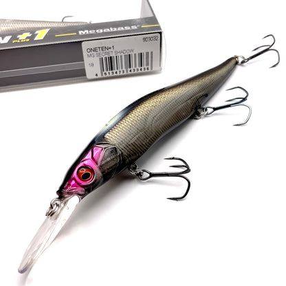 Megabass Ito Vision Oneten plus one Jerkbait in the color MG Secret Shadow on a white background