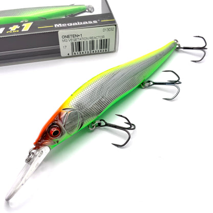 Megabass Ito Vision Oneten plus one Jerkbait in the color MG Vegetation Reactor on a white background