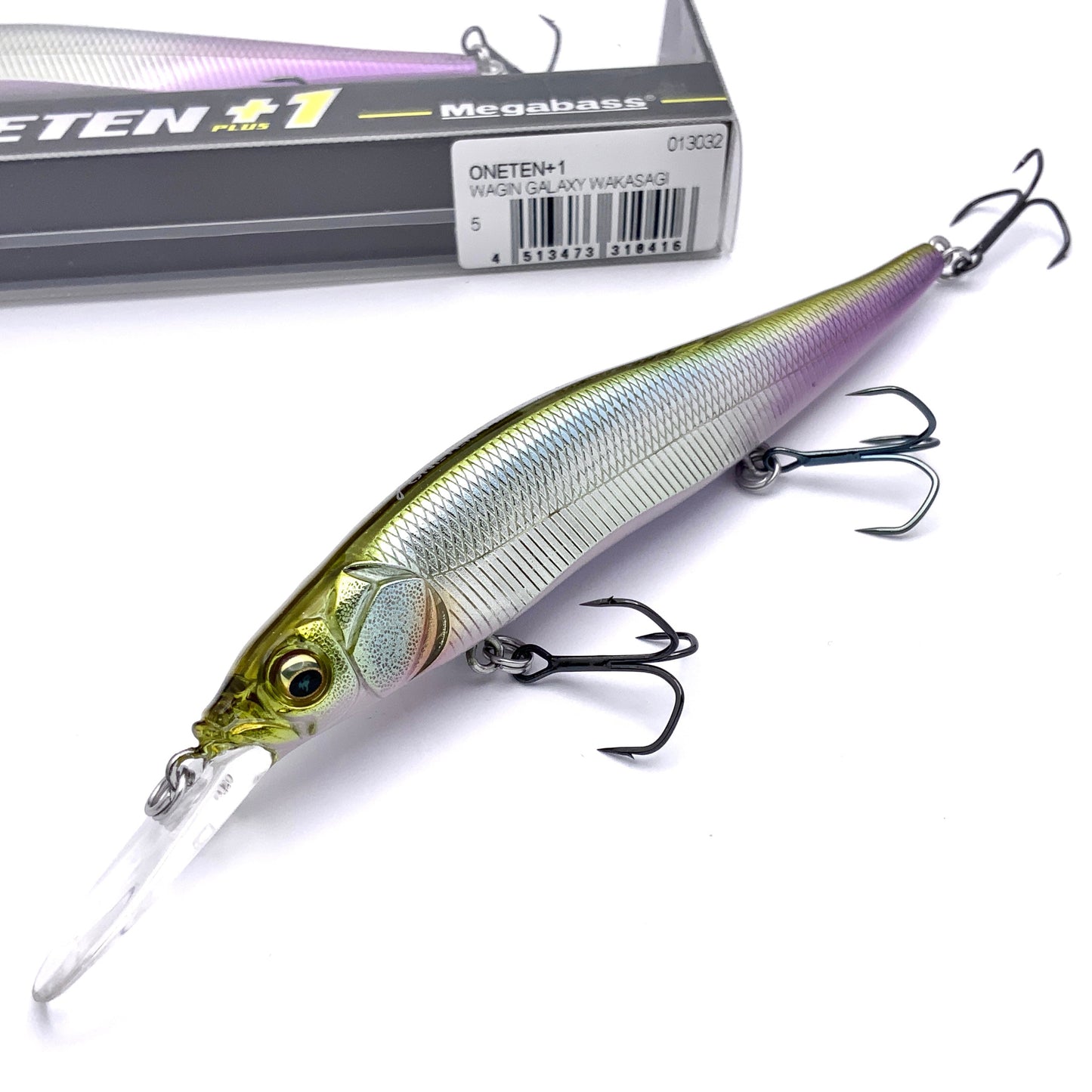 Megabass Ito Vision Oneten plus one Jerkbait in the color Wagin Galaxy Wakasagi on a white background