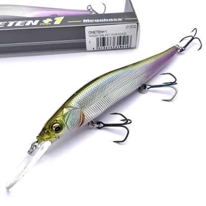 Megabass Ito Vision Oneten plus one Jerkbait in the color Wagin Galaxy Wakasagi on a white background