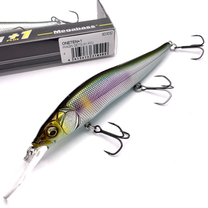 Megabass Ito Vision Oneten plus one Jerkbait in the color Wagin Setsuki Ayu on a white background