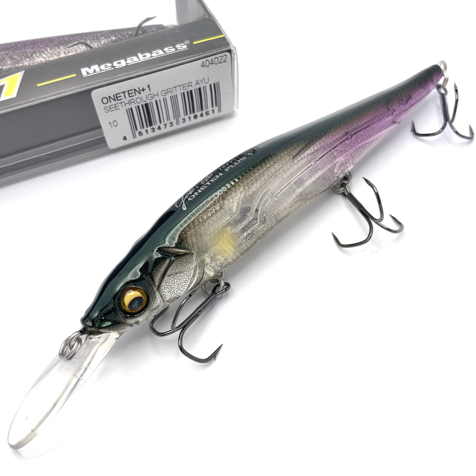 Megabass Ito Vision Oneten plus one Jerkbait in the color see through glitter ayu on a white background