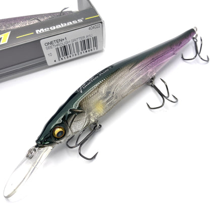 Megabass Ito Vision Oneten plus one Jerkbait in the color see through glitter ayu on a white background