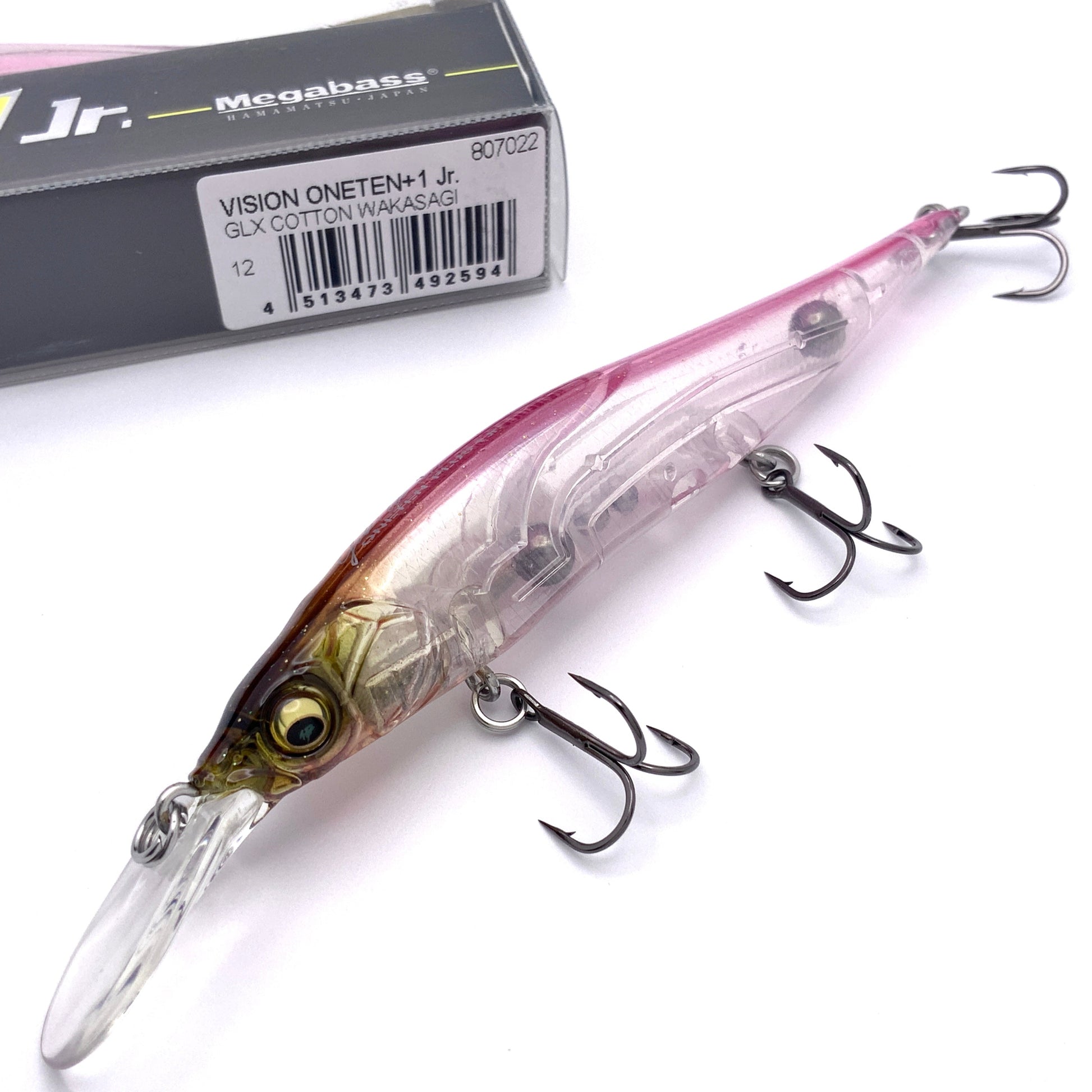 Megabass Ito Vision Oneten plus one junior Jerkbait in the color GLX Cotton Wakasagi on a white background