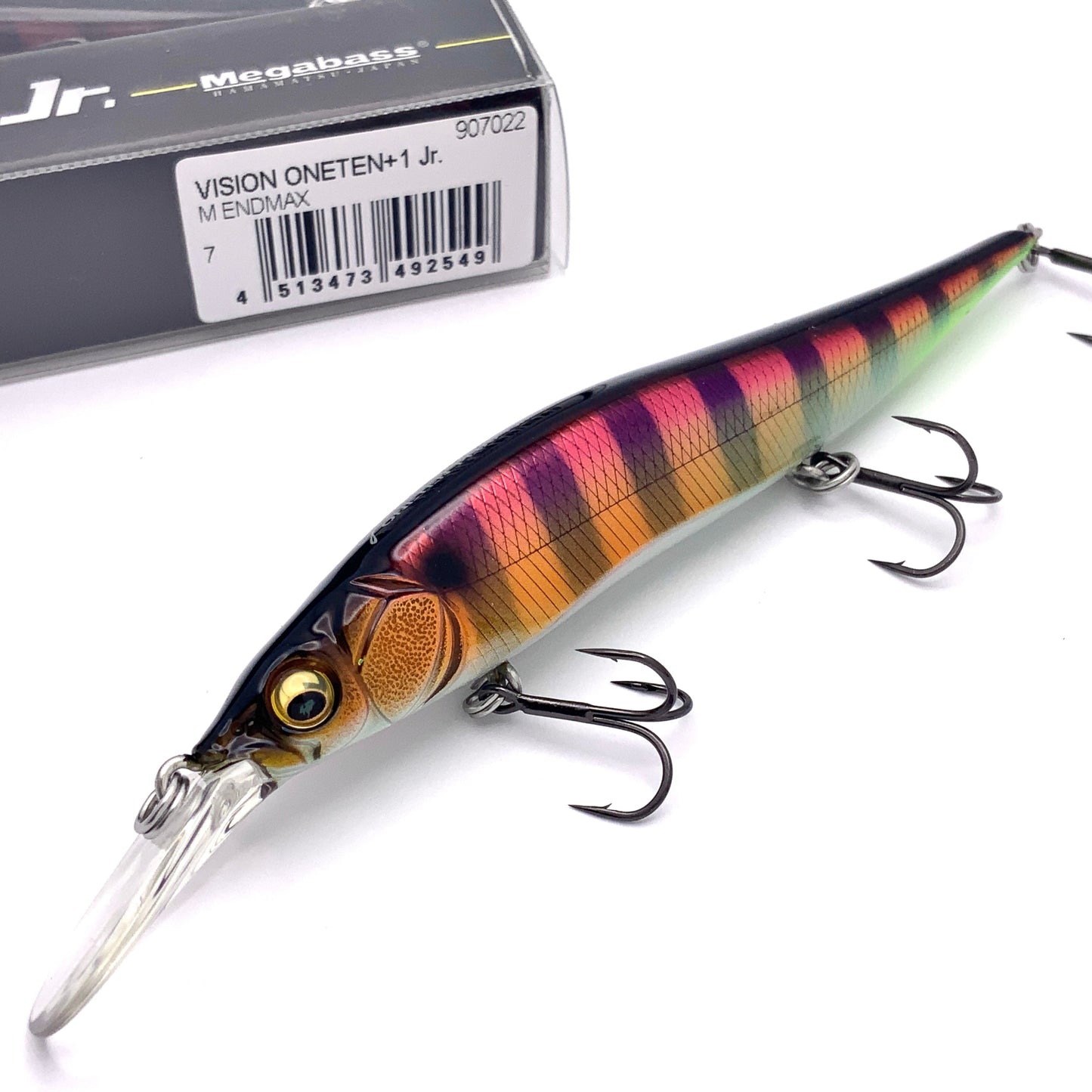 Megabass Ito Vision Oneten plus one junior Jerkbait in the color M Endmax on a white background