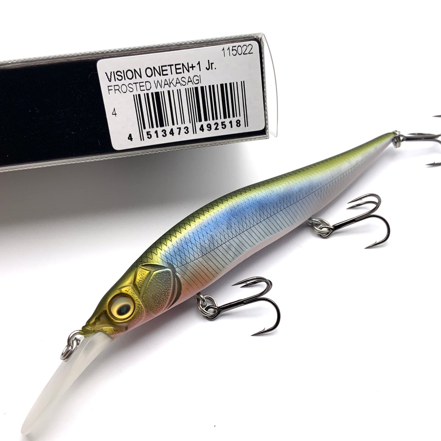 Megabass Ito Vision Oneten plus one junior Jerkbait in the color Frosted Wakasagi on a white background