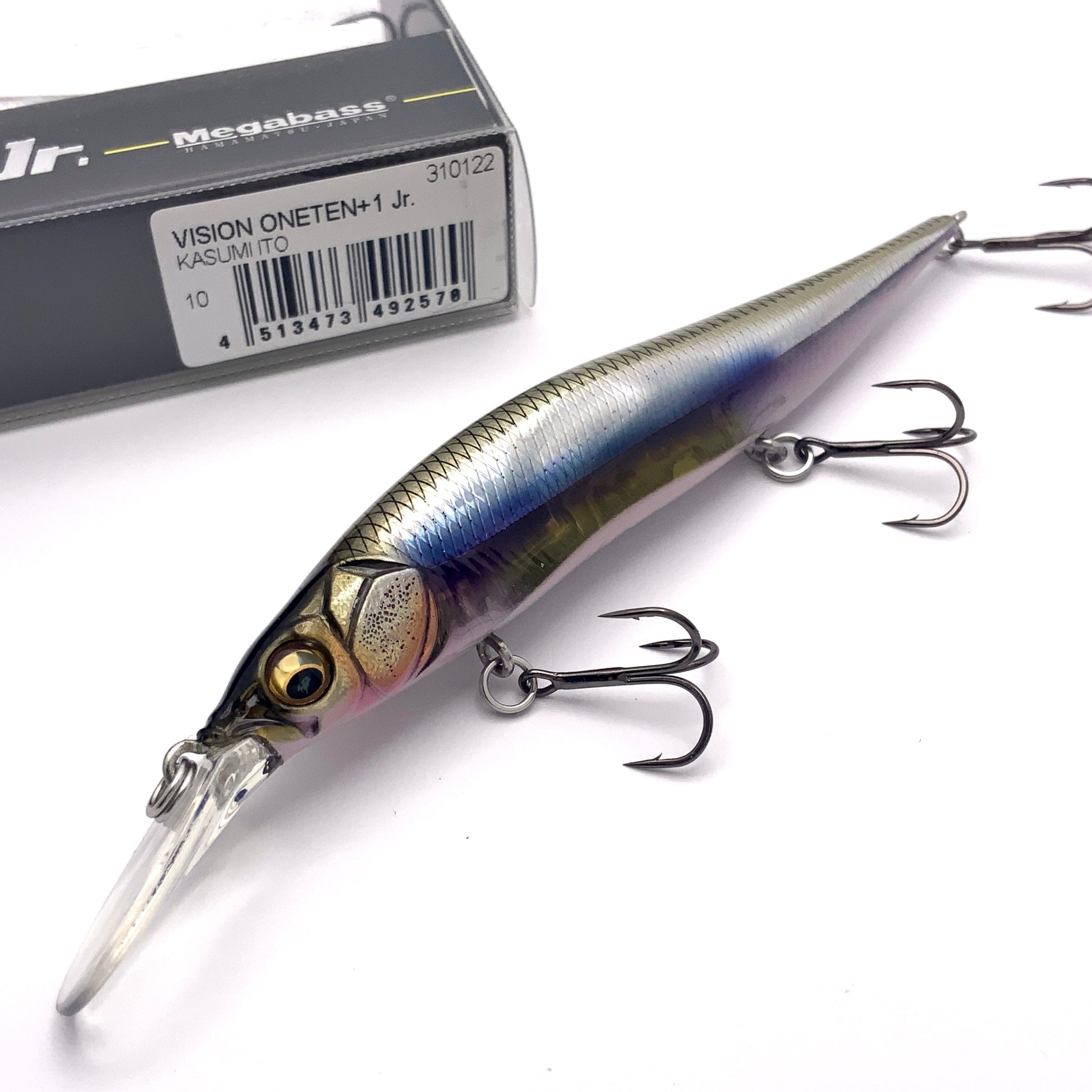Megabass Ito Vision Oneten plus one junior Jerkbait in the color Kasumi Ito on a white background
