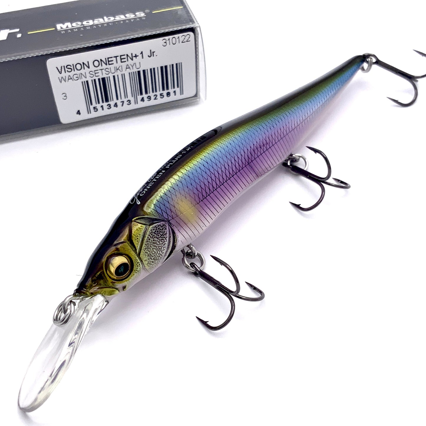 Megabass Ito Vision Oneten plus one junior Jerkbait in the color Wagin Setsuki Ayu on a white background