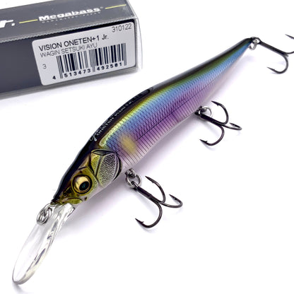 Megabass Ito Vision Oneten plus one junior Jerkbait in the color Wagin Setsuki Ayu on a white background
