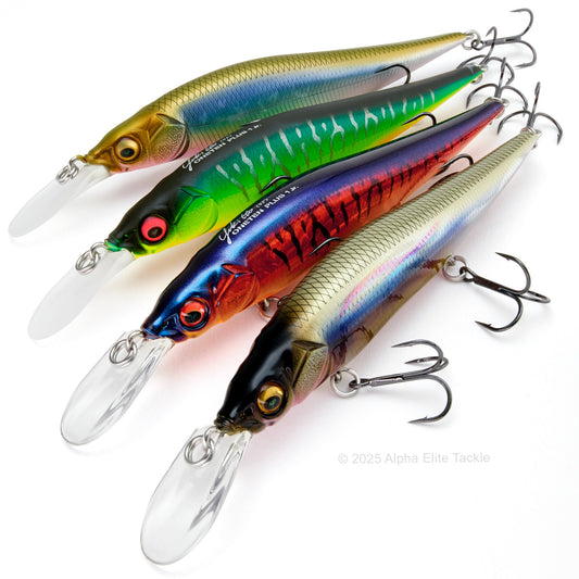 Group of four megabass vision oneten plus one junior jerkbaits out of package on a white background