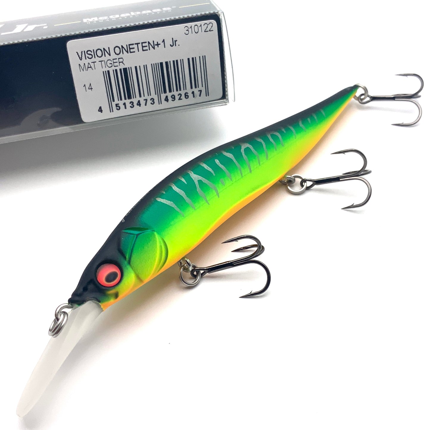 Megabass Ito Vision Oneten plus one junior Jerkbait in the color mat tiger on a white background