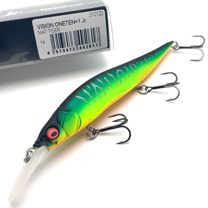 Megabass Ito Vision Oneten plus one junior Jerkbait in the color mat tiger on a white background