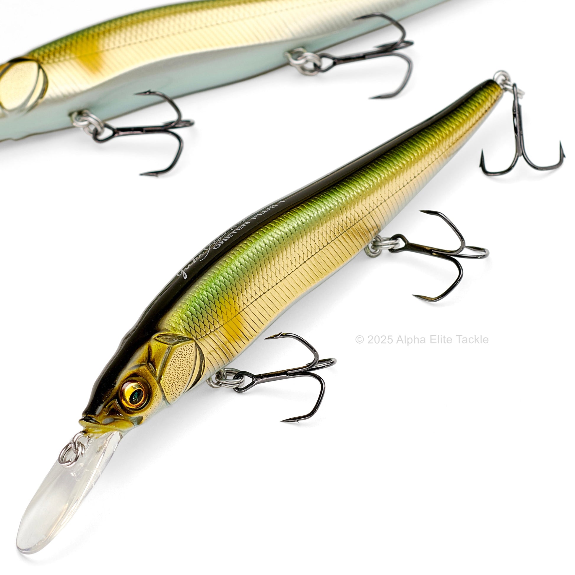 Fishing lure with gold and green color scheme on a white background
