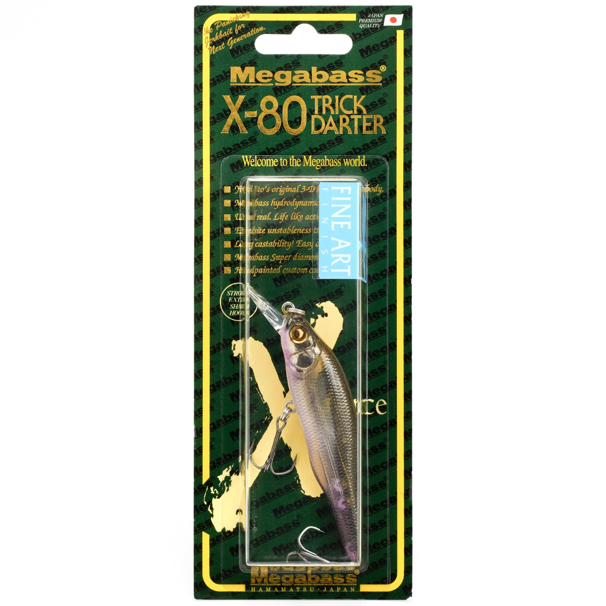 Megabass X-80 Trick Darter fishing lure in packaging on a white background