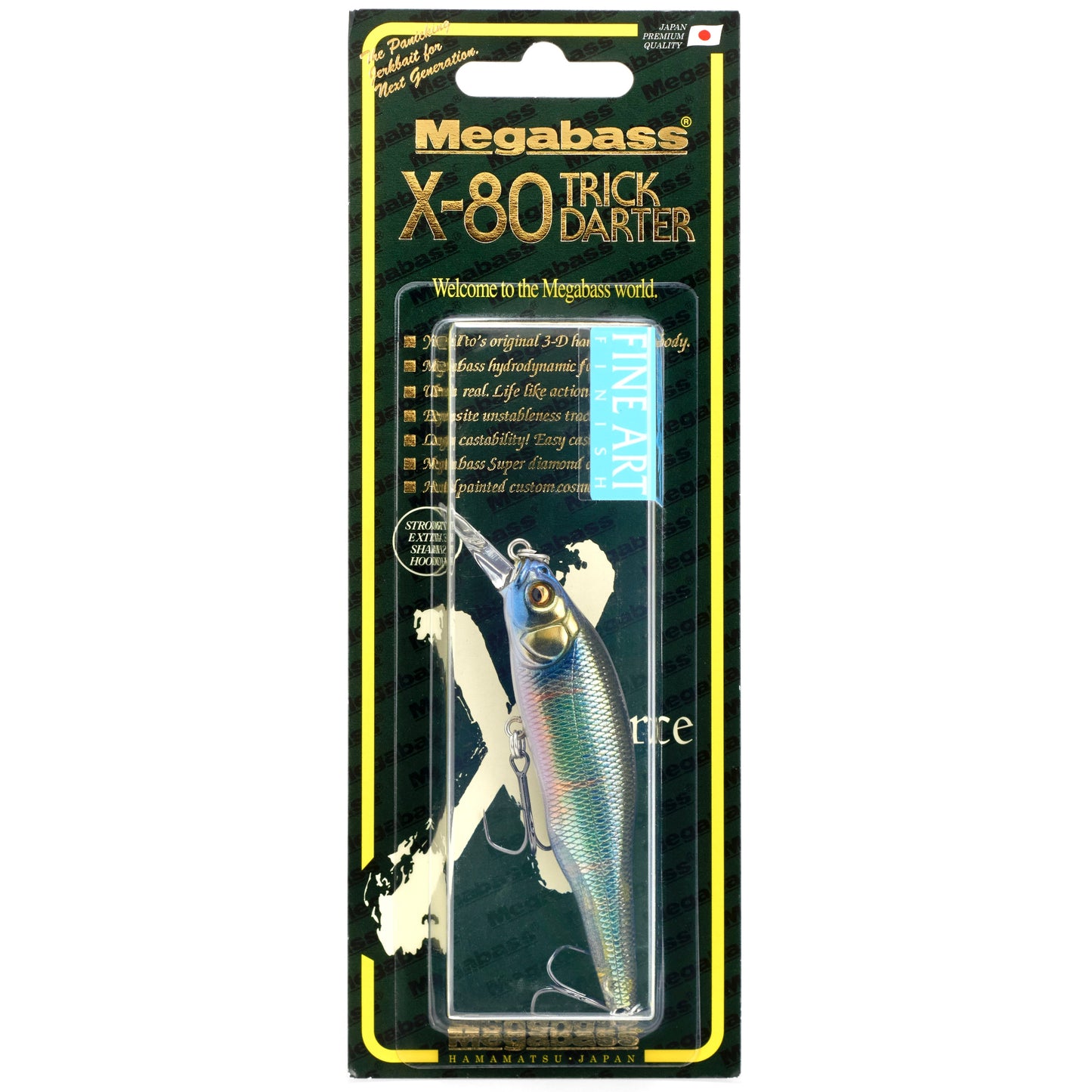 Megabass X-80 Trick Darter fishing lure in packaging on a white background