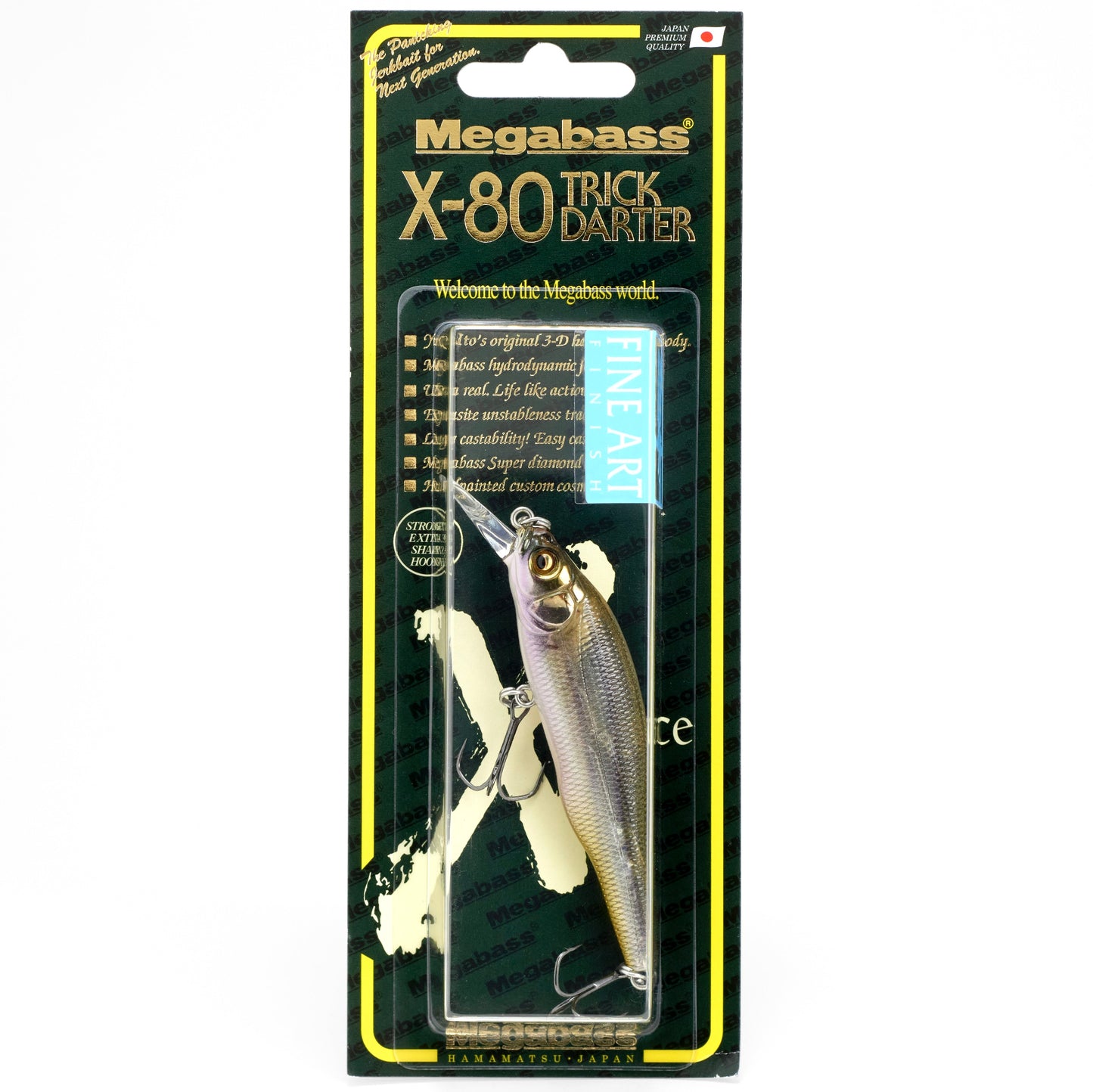 Megabass X-80 Trick Darter fishing lure in packaging on a white background