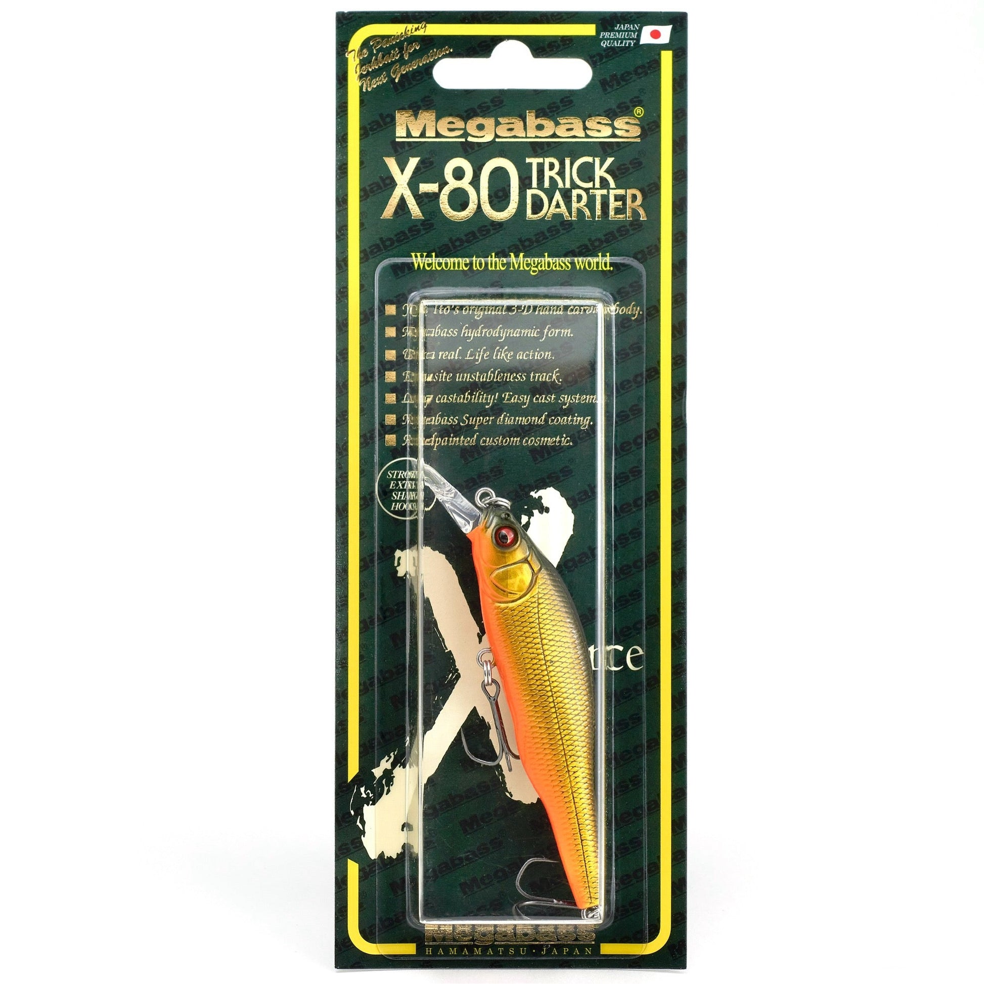 Megabass X-80 Trick Darter fishing lure in packaging on a white background