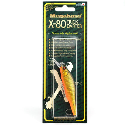 Megabass X-80 Trick Darter fishing lure in packaging on a white background