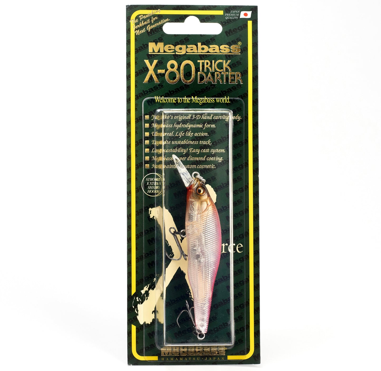 Megabass X-80 Trick Darter fishing lure in packaging on a white background