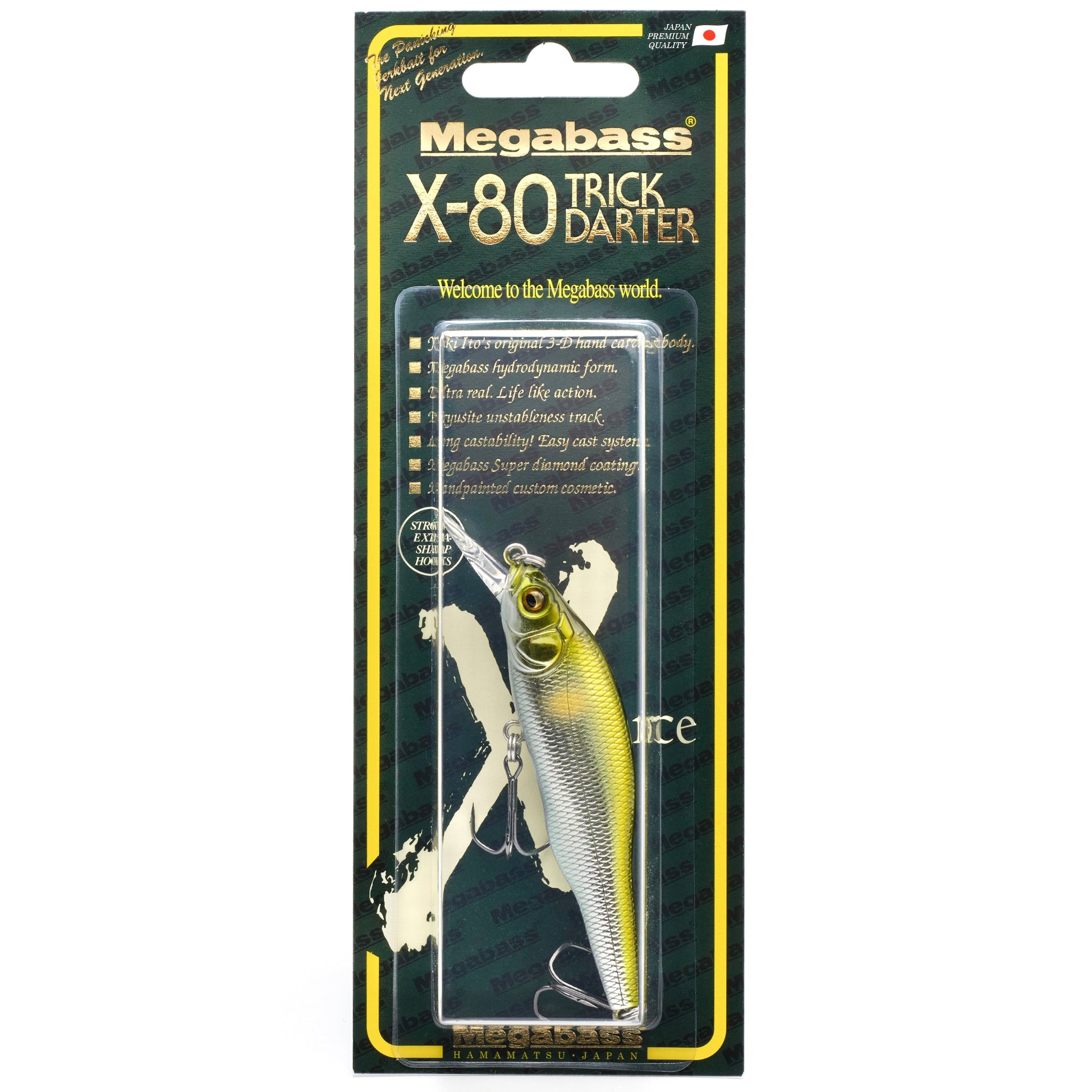 Megabass X-80 Trick Darter fishing lure in packaging on a white background