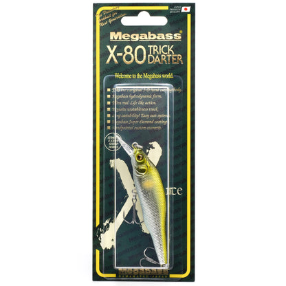Megabass X-80 Trick Darter fishing lure in packaging on a white background