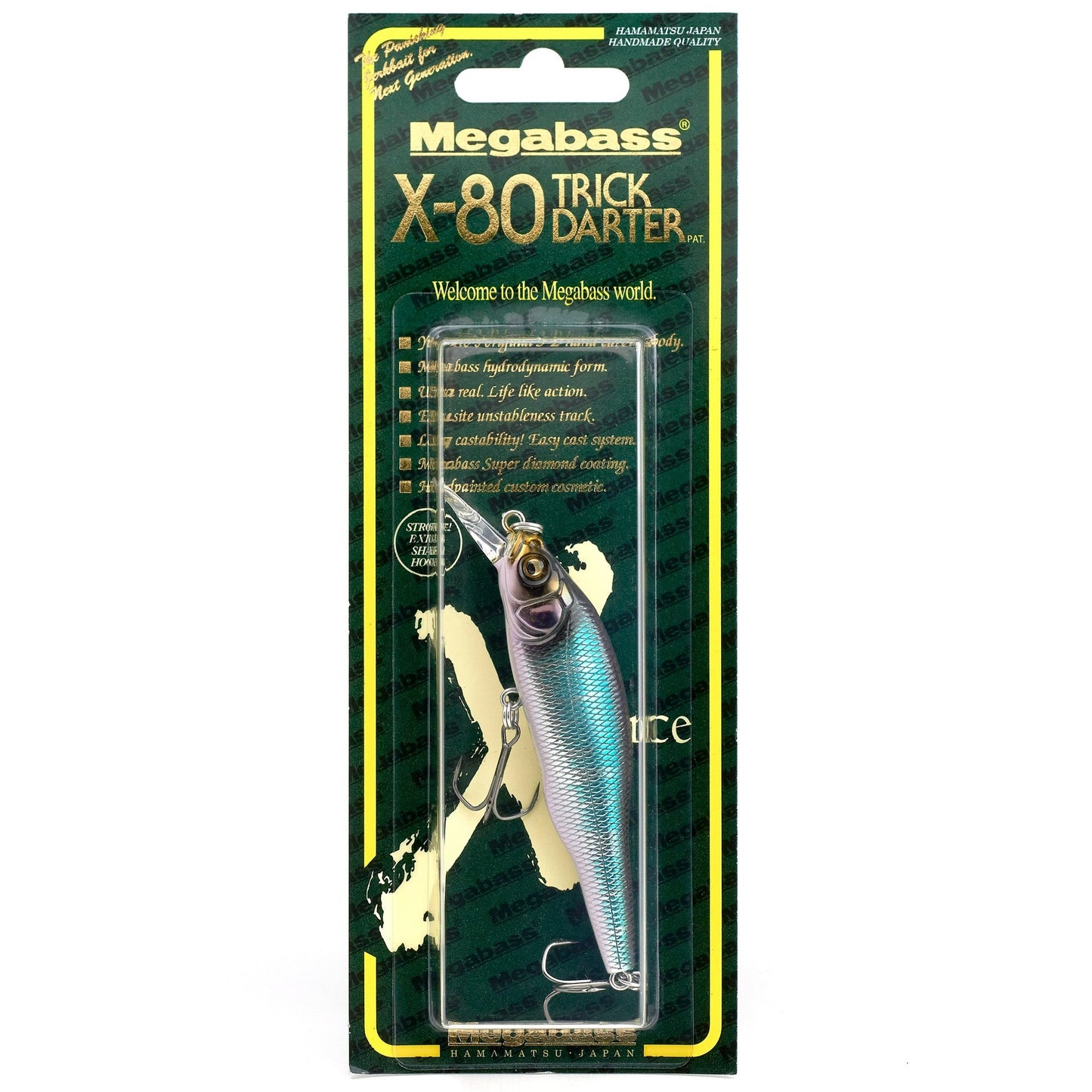 Megabass X-80 Trick Darter fishing lure in packaging on a white background