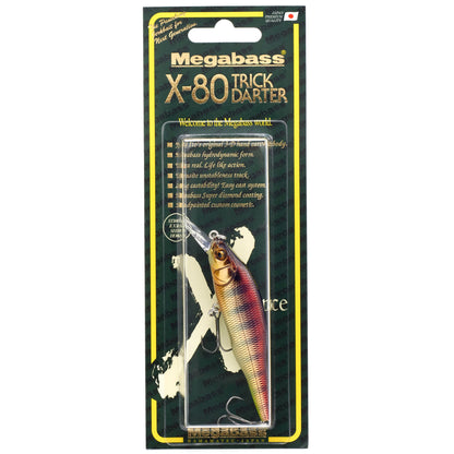 Megabass X-80 Trick Darter fishing lure in packaging on a white background