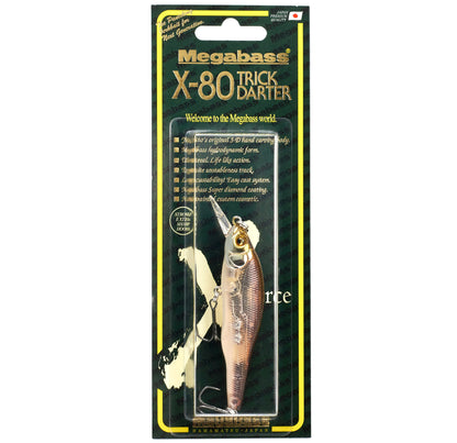 Megabass X-80 Trick Darter fishing lure in packaging on a white background