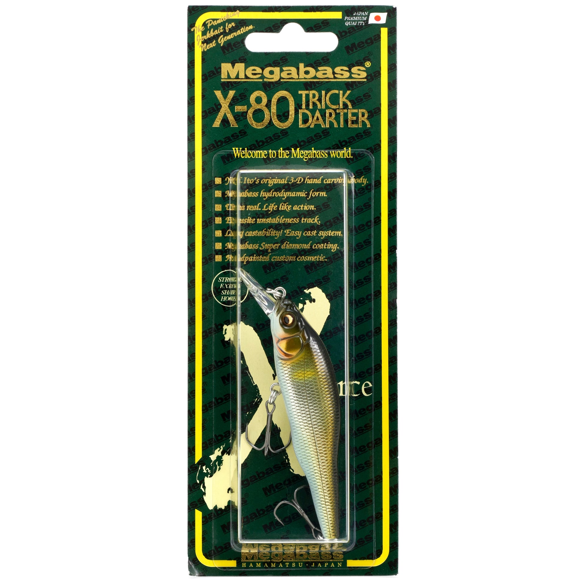 Megabass X-80 Trick Darter fishing lure packaging on a white background
