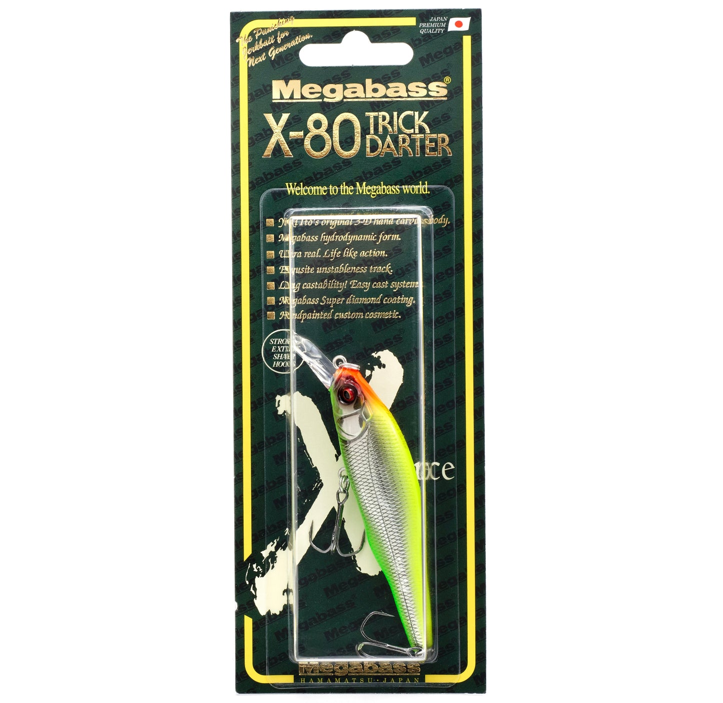 Megabass X 80 Jerkbait in the color MG Vegetation Reactor on a white background