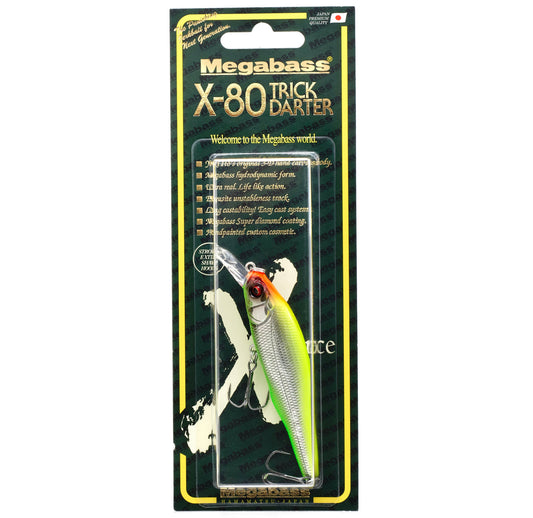 Megabass X 80 Jerkbait in the color MG Vegetation Reactor on a white background